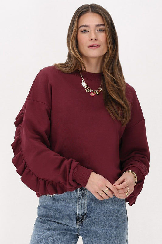 Donkerrode sweater met ruffle MJ11503-0275 Bordeaux rood